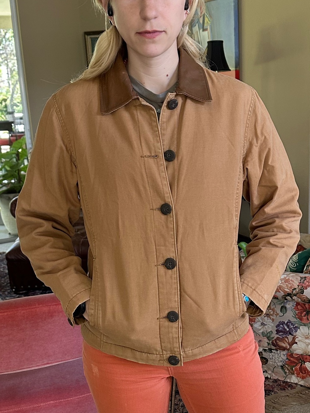 Tan Canvas Woolrich Jacket - Leather collar/ fleece lined - Picture 3 of 7